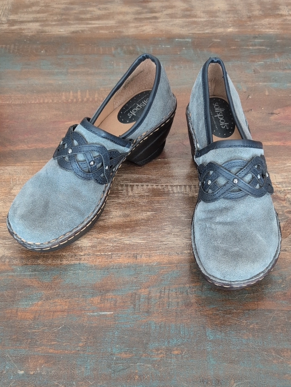 Softspots Comfort Clogs Gray Suede Navy Woven Leather Strap - Women's 8